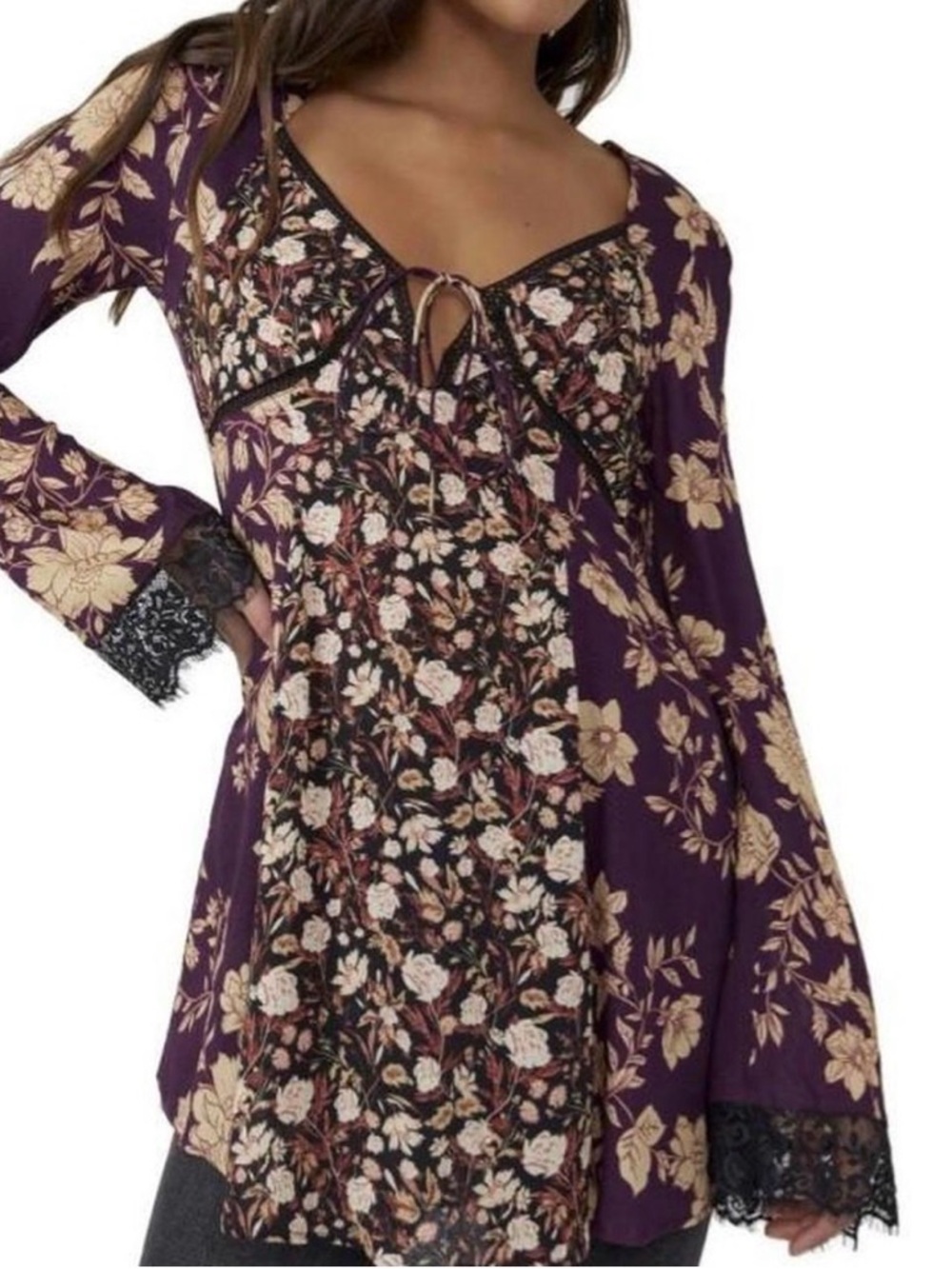 Free People Purple and Cream Floral Tunic